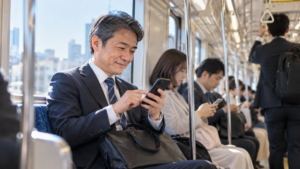 電車の座席でスマートフォンを操作している会社員（イメージ）