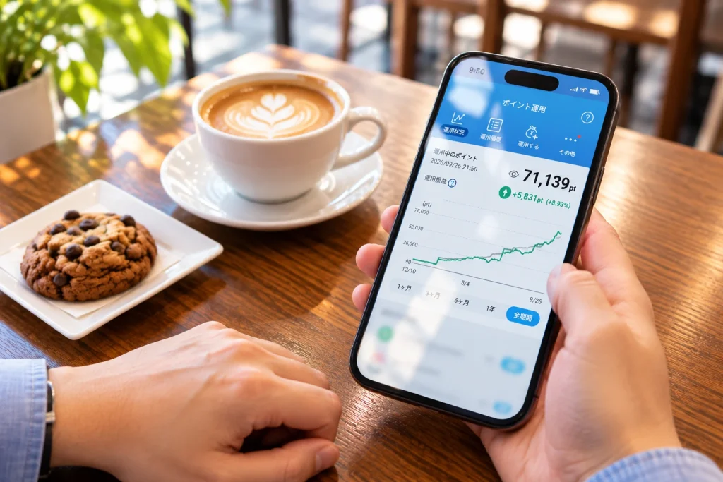 カフェでコーヒーを飲みながらスマートフォンでポイント運用の画面を見ている様子（イメージ）